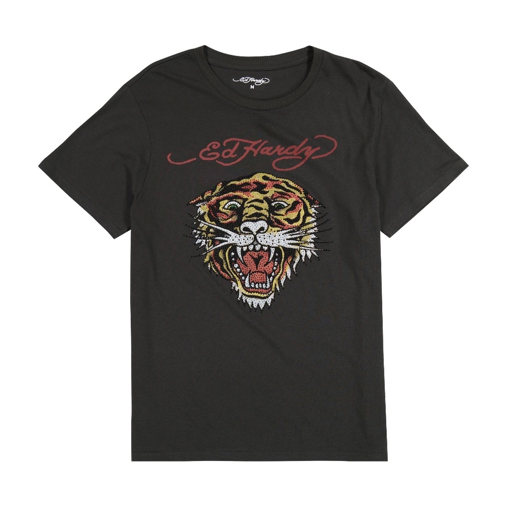 Ed Hardy Charcoal Rhinestone Tiger Tee for Men Size M Y2K ~ Avant Garde!